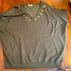 Olive green short sleeve sweater.  Open shoulder.
